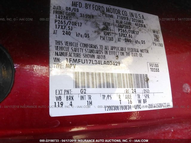 1FMFU17L34LA03429 - 2004 FORD EXPEDITION EDDIE BAUER RED photo 9