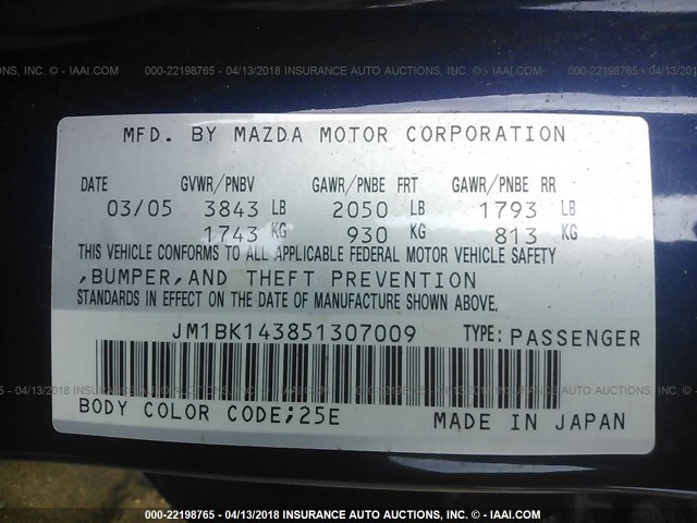 JM1BK143851307009 - 2005 MAZDA 3 HATCHBACK Dark Blue photo 9