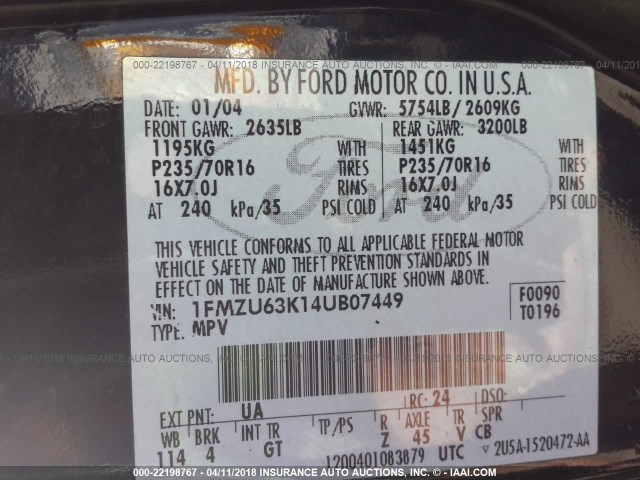 1FMZU63K14UB07449 - 2004 FORD EXPLORER XLT/XLT SPORT/NBX 黑色 照片 9