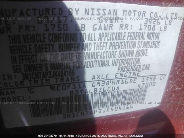 3N1CN7AP3JK404166 - 2018 NISSAN VERSA S/S PLUS/SV/SL RED photo 9