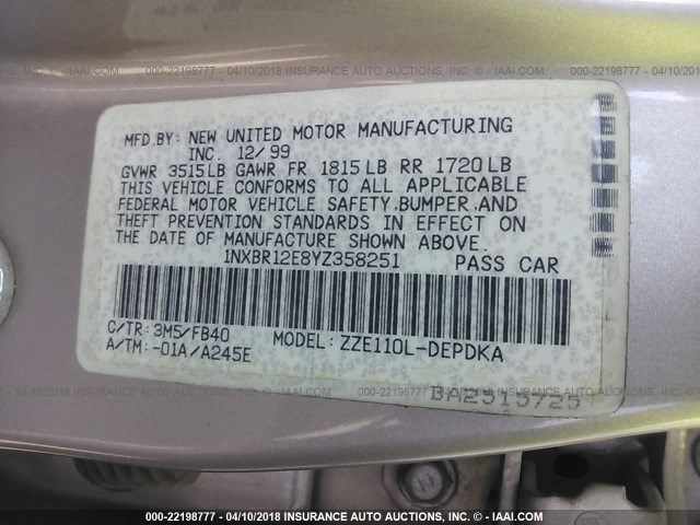 1NXBR12E8YZ358251 - 2000 TOYOTA COROLLA VE/CE/LE 银色 照片 9