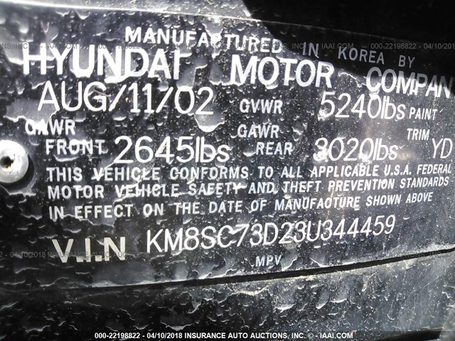 KM8SC73D23U344459 - 2003 HYUNDAI SANTA FE GLS/LX BLACK photo 9