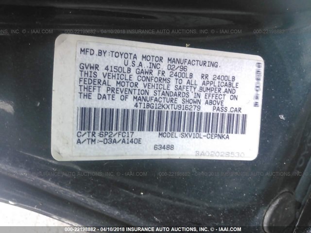 4T1BG12KXTU916279 - 1996 TOYOTA CAMRY DX/LE/XLE მწვანე ფოტო 9