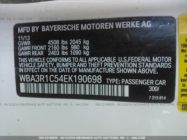 WBA3R1C54EK190698 - 2014 BMW 435 I WHITE photo 9
