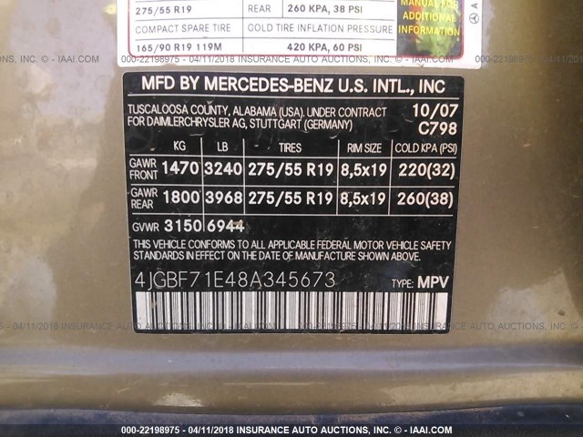 4JGBF71E48A345673 - 2008 MERCEDES-BENZ GL 450 4MATIC GOLD photo 9