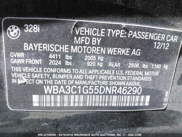 WBA3C1G55DNR46290 - 2013 BMW 328 I SULEV BLACK photo 9