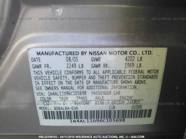 1N4AL11D96C105698 - 2006 NISSAN ALTIMA S/SL BEIGE photo 9