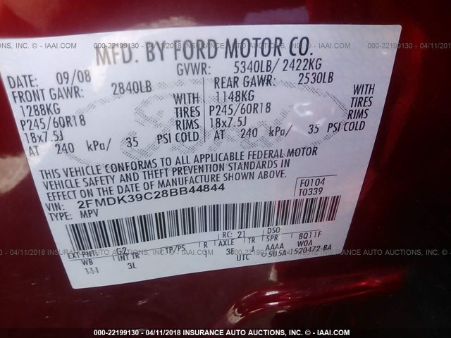 2FMDK39C28BB44844 - 2008 FORD EDGE LIMITED RED photo 9