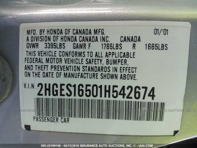 2HGES16501H542674 - 2001 HONDA CIVIC LX Gümüş foto 9