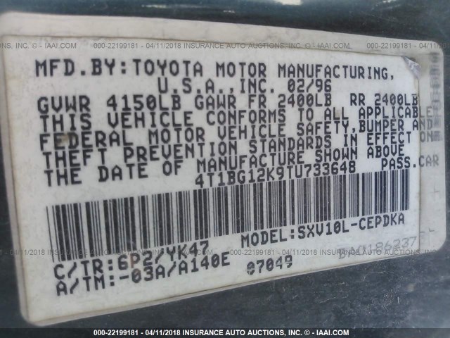 4T1BG12K9TU733648 - 1996 TOYOTA CAMRY DX/LE/XLE მწვანე ფოტო 9