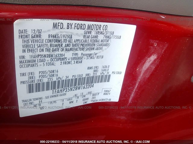 1FAHP35N28W163204 - 2008 FORD FOCUS SE/SEL/SES RED photo 9