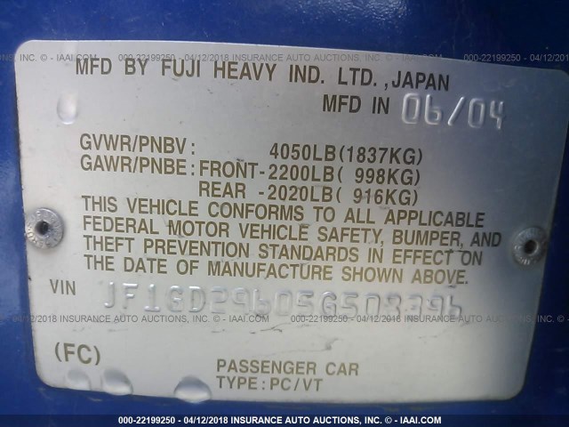 JF1GD29605G508396 - 2005 SUBARU IMPREZA WRX/VDT BLUE photo 9