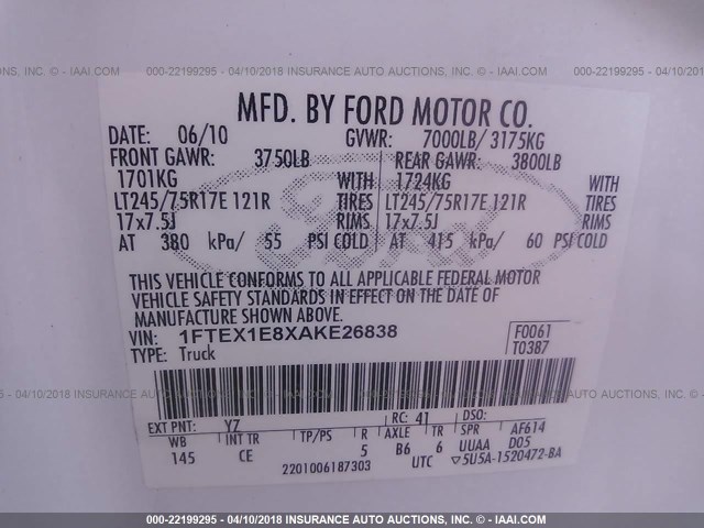 1FTEX1E8XAKE26838 - 2010 FORD F150 SUPER CAB WHITE photo 9