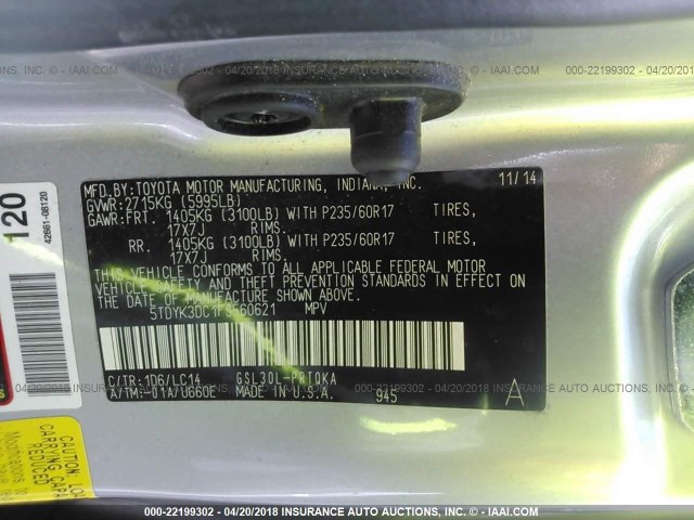 5TDYK3DC1FS560621 - 2015 TOYOTA SIENNA XLE/LIMITED SILVER photo 9