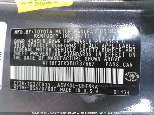 4T1BF3EKXBU737667 - 2011 TOYOTA CAMRY SE/LE/XLE Серый фото 9