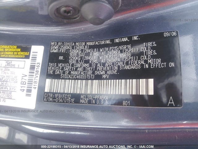 5TDZA23C46S551513 - 2006 TOYOTA SIENNA CE/LE BLUE photo 9