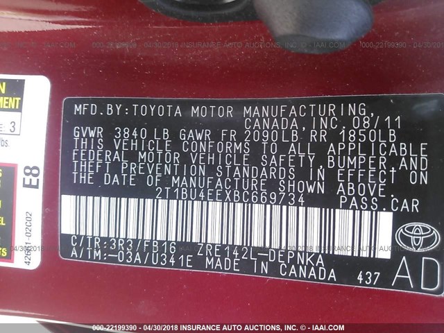 2T1BU4EEXBC669734 - 2011 TOYOTA COROLLA S/LE RED photo 9