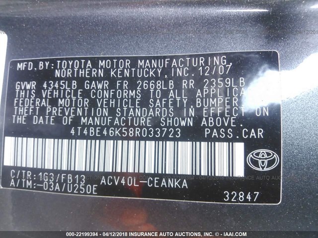 4T4BE46K58R033723 - 2008 TOYOTA CAMRY CE/LE/XLE/SE GRAY photo 9