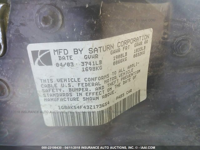 1G8AK54F43Z173654 - 2003 SATURN ION LEVEL 3 WHITE photo 9