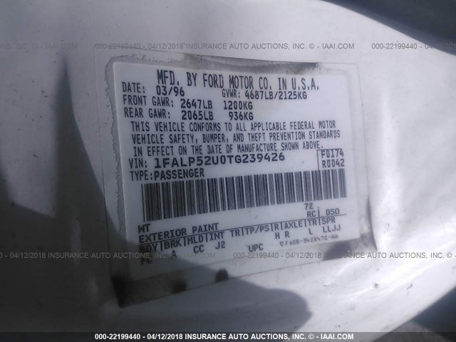 1FALP52U0TG239426 - 1996 FORD TAURUS GL WHITE photo 9