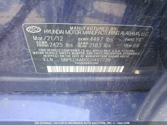 5NPEC4AB0CH497739 - 2012 HYUNDAI SONATA SE/LIMITED BLUE photo 9