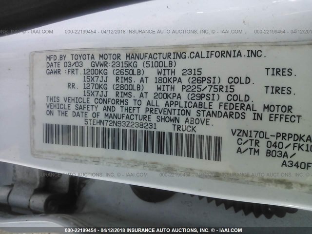 5TEHN72N93Z238231 - 2003 TOYOTA TACOMA DOUBLE CAB 白色 照片 9