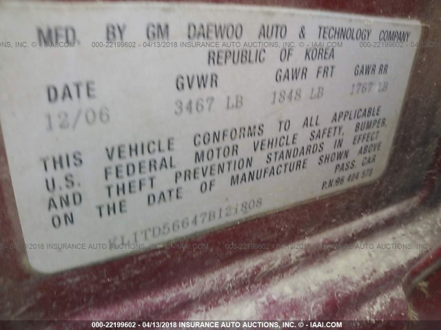 KL1TD56647B121808 - 2007 CHEVROLET AVEO LS MAROON photo 9