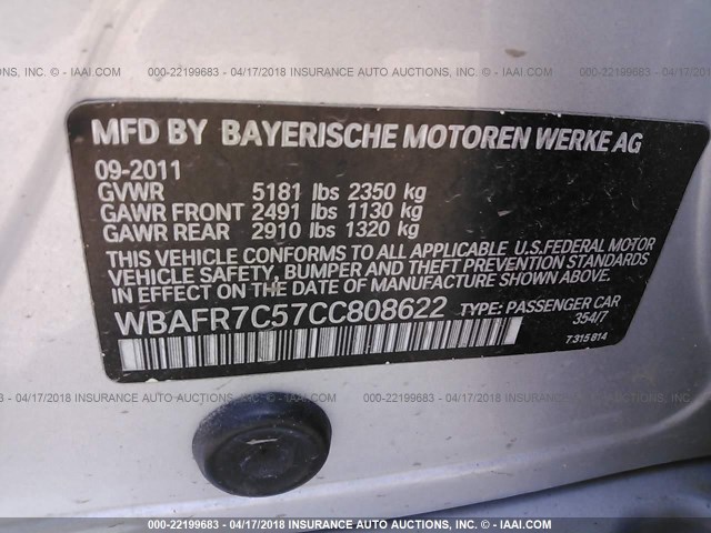 WBAFR7C57CC808622 - 2012 BMW 535 I SILVER photo 9