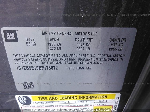 1G1ZB5E10BF173672 - 2011 CHEVROLET MALIBU LS 灰色 照片 9