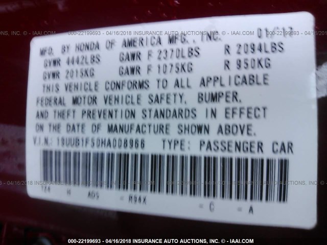 19UUB1F50HA008966 - 2017 ACURA TLX TECH RED photo 9