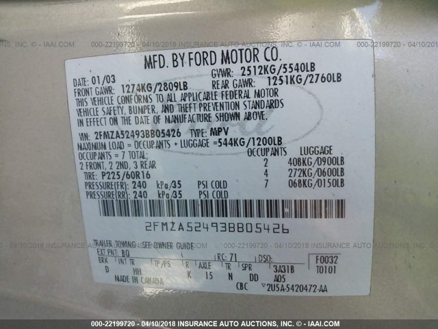 2FMZA52493BB05426 - 2003 FORD WINDSTAR SE GOLD photo 9