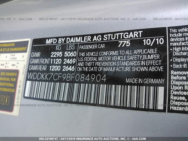 WDDKK7CF9BF084904 - 2011 MERCEDES-BENZ E 550 SILVER photo 9