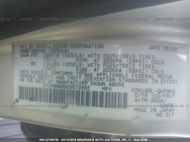 JT3HN86R629072865 - 2002 TOYOTA 4RUNNER SR5 SILVER photo 9