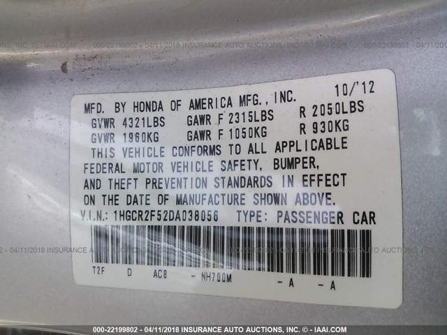 1HGCR2F52DA038056 - 2013 HONDA ACCORD SPORT SILVER photo 9