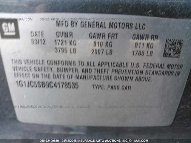 1G1JC5SB9C4178535 - 2012 CHEVROLET SONIC LT GRAY photo 9