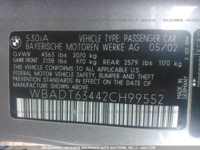 WBADT63442CH99552 - 2002 BMW 530 I AUTOMATIC GRAY photo 9