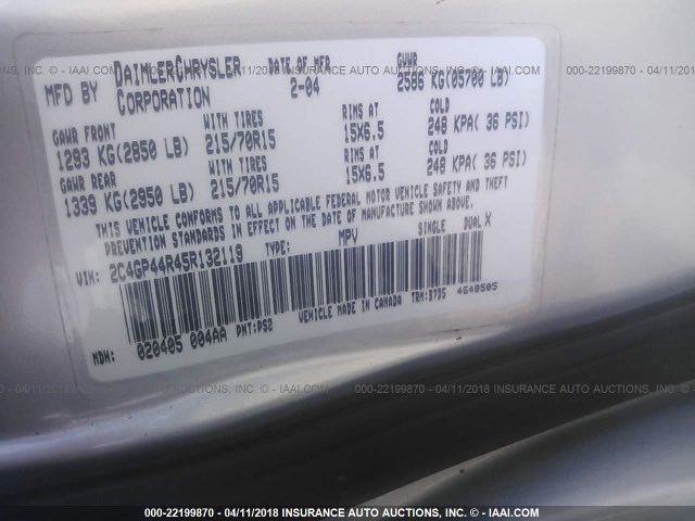 2C4GP44R45R132119 - 2005 CHRYSLER TOWN & COUNTRY LX SILVER photo 9