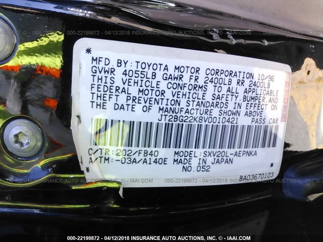 JT2BG22K8V0010421 - 1997 TOYOTA CAMRY LE/XLE BLACK photo 9