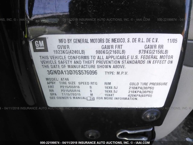 3GNDA13D76S576096 - 2006 CHEVROLET HHR LS BLACK photo 9