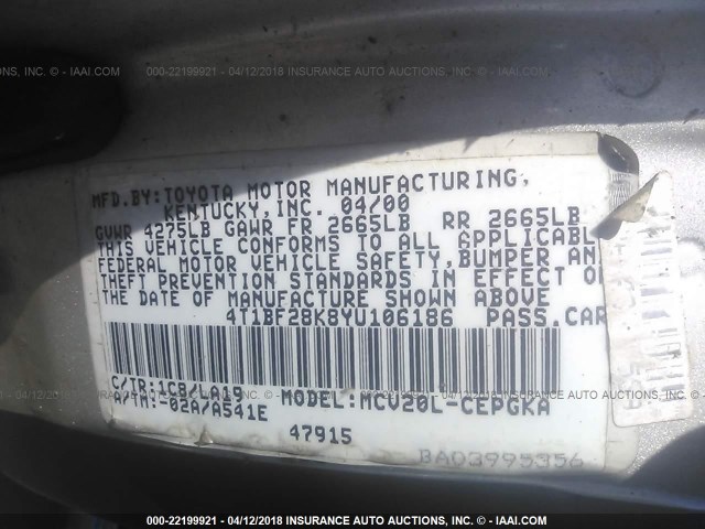 4T1BF28K8YU106186 - 2000 TOYOTA CAMRY LE/XLE SILVER photo 9