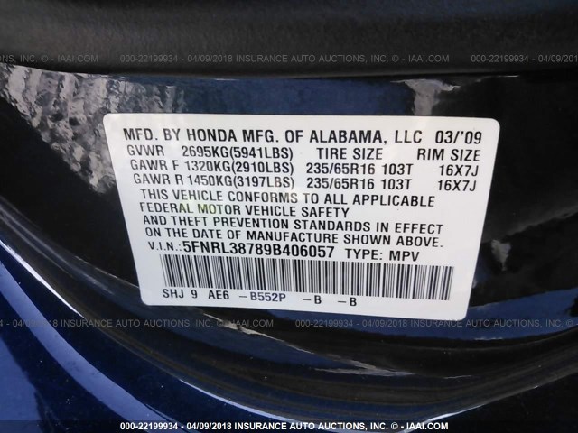 5FNRL38789B406057 - 2009 HONDA ODYSSEY EXL ლურჯი ფოტო 9