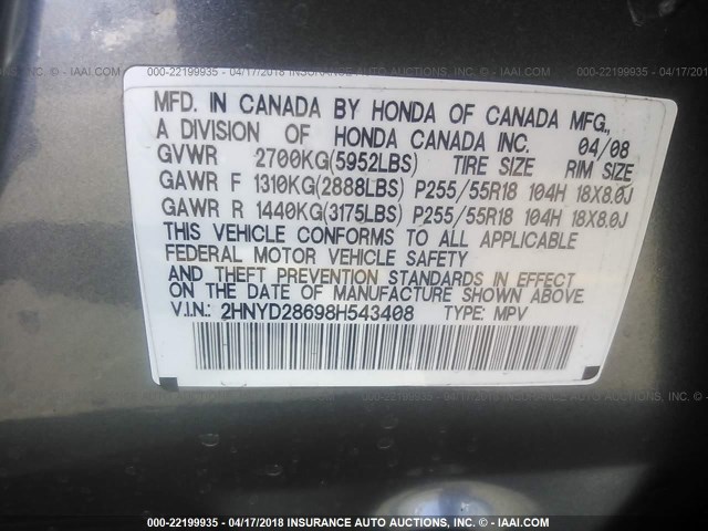 2HNYD28698H543408 - 2008 ACURA MDX TECHNOLOGY GRAY photo 9