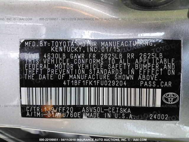 4T1BF1FK1FU029204 - 2015 TOYOTA CAMRY LE/XLE/SE/XSE 银色 照片 9