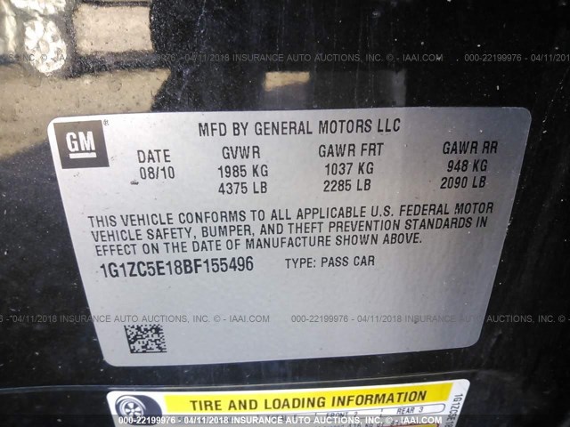 1G1ZC5E18BF155496 - 2011 CHEVROLET MALIBU 1LT 黑色 照片 9