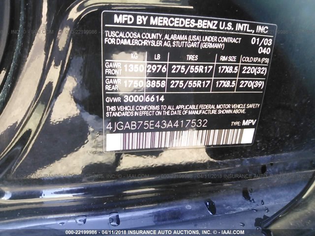 4JGAB75E43A417532 - 2003 MERCEDES-BENZ ML 500 BLACK photo 9