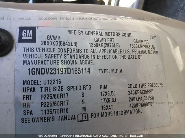 1GNDV23197D185114 - 2007 CHEVROLET UPLANDER LS GOLD photo 9