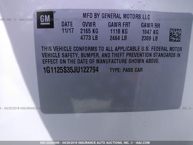 1G1125S35JU122794 - 2018 CHEVROLET IMPALA PREMIER WHITE photo 9