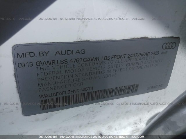 WAUAFAFL5EN014574 - 2014 AUDI A4 PREMIUM 白色 照片 9