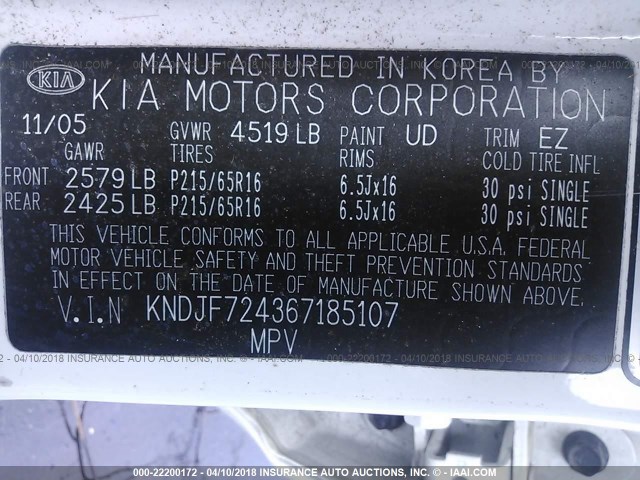 KNDJF724367185107 - 2006 KIA NEW SPORTAGE  WHITE photo 9