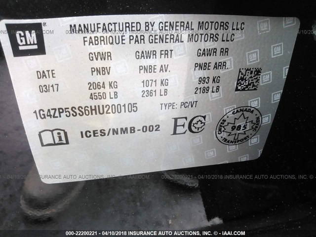 1G4ZP5SS6HU200105 - 2017 BUICK LACROSSE ESSENCE შავი ფოტო 9